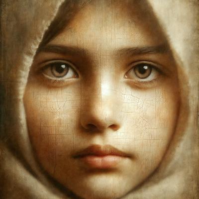 The primary subject of the image is a young girl with a hood on her head. She is looking directly at the camera, and her eyes are open. The setting is a painting, and the visual style is a detailed, realistic portrait. The colors and mood of the painting are warm and inviting, with the girl's eyes being the focal point of the image.